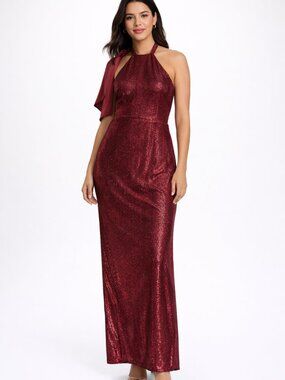 ABS Allen Schwartz Burgundy Sequin Halter Maxi Dress Size 8